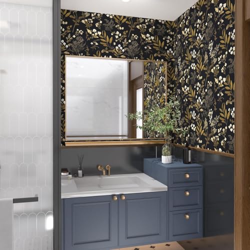 Laatse Vintage Floral Peel and Stick Wallpaper Black & Gold 17.5"x393" - Removable Wall Covering