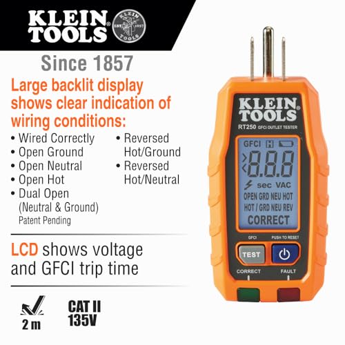 Klein Tools Receptacle Tester with LCD Display - GFCI & Wiring Fault Detection