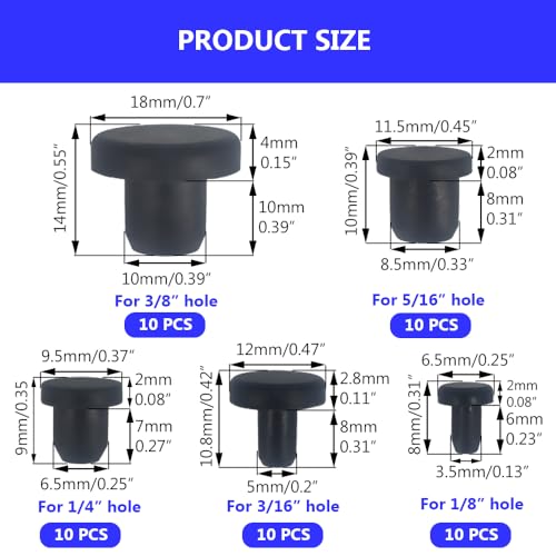 Alamic Assorted Silicone Hole Plugs Set 1/8”, 3/16”, 1/4”, 5/16”, 3/8” - Flexible Sealing Bumpers