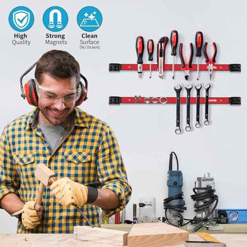 4 Pieces 18" Magnetic Tool Holder Strip, Red Magnet Bar, Metal Tool Organizer Rack for Garage Organization, Easy To Install in Workshop, Mounting Screws Included