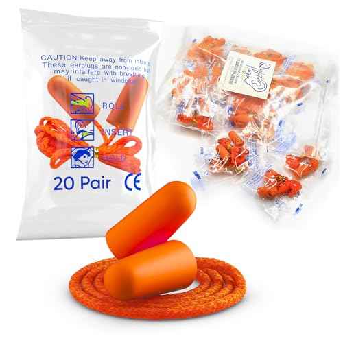 20 Pair Foam Ear Plugs with Cord - Soft & Comfortable Ear Protection - Disposable Ear Plugs Individually Wrapped with Noise Cancelling up to 32dB - Ideal for Sleeping Construction Shooting Sports