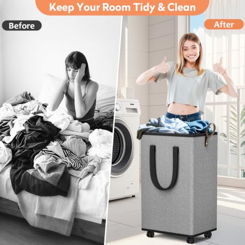 SpaceTrove 80L Grey Rolling Laundry Basket with Wheels - Detachable Wheels, Foldable Hamper