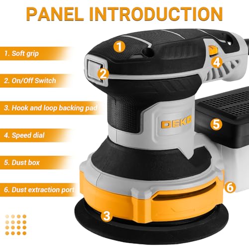 DEKOPRO 5-inch Yellow Random Orbital Sander with Dust Box, 6 Speeds, 16 Sandpapers for Woodworking & Metal Sanding