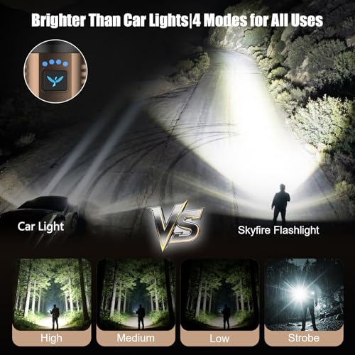 SKYFIRE SF1097 Rechargeable LED Flashlight with Ignition Lens - 5000 Lumens, Waterproof, Zoomable, 6 Modes, Tactical Camping Light (Black & Gold Lens)