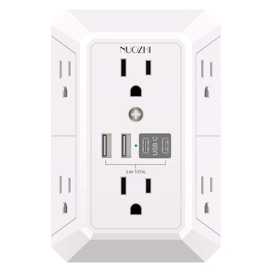 Outlet Extender Surge Protector - NUOZHI 6 Outlet Splitter with 4 USB Ports(2 USB-C), Multi Plug Wall Outlet 1680J Power Strip for Home Office Dorm Room Essentials, ETL, White