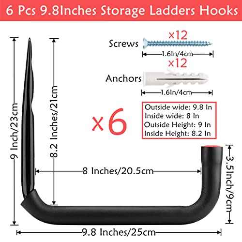 Garage Storage Ladders Hooks, 6 Pack Heavy Duty Utility Hanger, 9.8IN Wall Mount Rack Safely Holds 50 Pounds