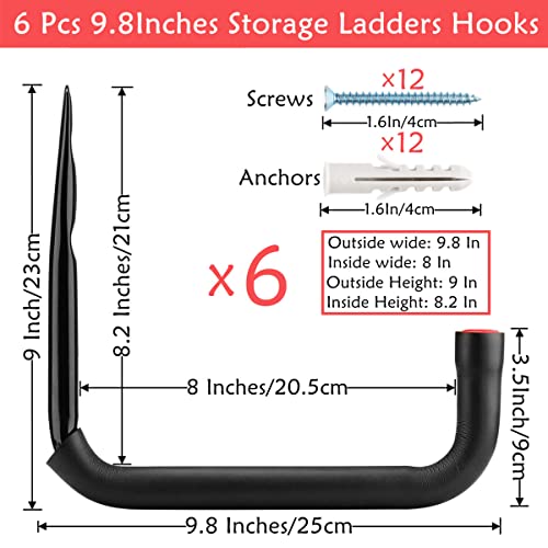 Heavy Duty Garage Wall Mount Hooks - 6 Pack, 50 lbs Capacity for Ladders, Tools & Bicycles