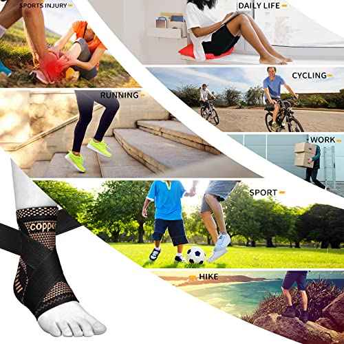 JIUFENTIAN Copper Ankle Brace Adjustable Compression Sleeve (Pair)-Ankle Support Heel Brace for Achilles Tendonitis, Plantar Fasciitis-Eases Swelling and Sprained Ankle(Large)
