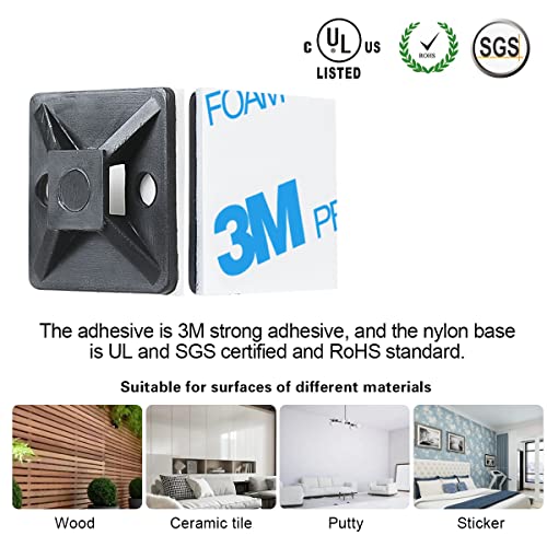 XHF 100pcs Self-Adhesive Black Cable Zip Tie Mounts with 8-Inch Ties & Screws – Outdoor UV Protection