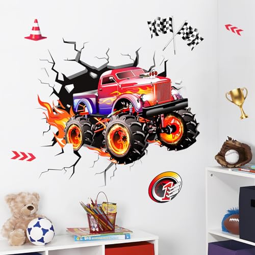 Supzone 3D Racing Car Wall Decals for Boys Room, Fast Racing Truck Break Through The Wall Vinyl Wall Sticker for Kids Room Nursery Playroom Classroom