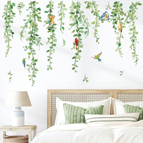 wondever Hanging Vines Wall Stickers Plants Green Leaves Birds Peel and Stick Wall Art Decals for Living Room Bedroom Sofa TV Background Office