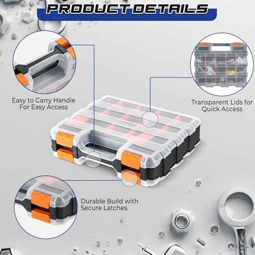 NATGAI 2 Pack Small Parts Organizers, 34-Compartments Double-Sided Tool Box with Removable Dividers for Hardware, Screws, Bolts, Nails & Fishing Accessories, Durable Plastic Storage Case (Orange)