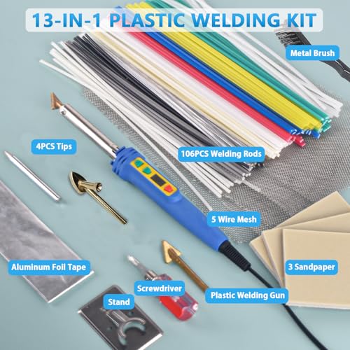 GNI Upgraded 150W LED Digital Adjustable Temperature Plastic Welder, 106PCS Welding Rods Repair Kit, 4 Tips 3 IN 1 Soldering Iron Kit, Plastic Welding Kit for DIY Bumper Kayaks