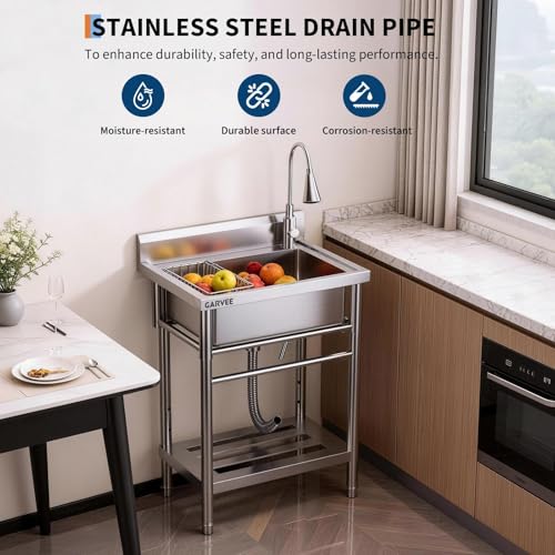 GARVEETECH 22x20x39 Inch Stainless Steel Deep Single Bowl Sink with Rotating Faucet & Adjustable Rack