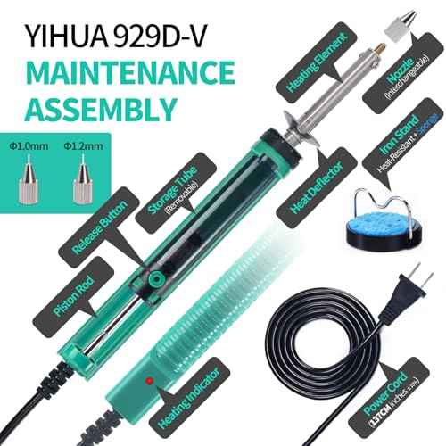 YIHUA 929D-V Electric Desoldering Soldering Iron Solder Sucker Desoldering Pump with Shorter Charging Handle and Desoldering Nozzles 1.0mm 1.2mm for Through-Hole Desoldering