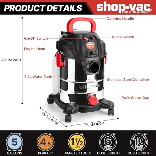 Shop-Vac 5-Gallon Wet Dry Upholstery Shampoo Vacuum Cleaner 4.5 Peak HP
