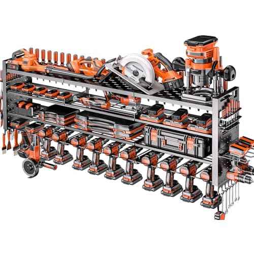 49.8" W Large Power Tool Organizer Wall Mount, Heavy Duty Tool Organizer with 14 cordless Drill Holder, 4 Layers Garage Organization and Storage Rack, Tool Rack for Garage Workshop, Black