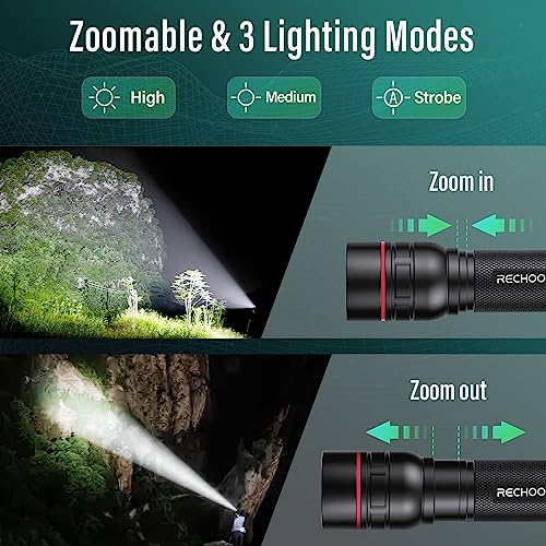 RECHOO Black Rechargeable Tactical Flashlight 2 Pack - Super Bright, 3 Modes, Zoomable LED for Camping & Emergencies