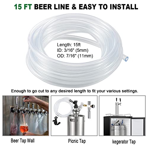 15ft Hilangsan Kegerator Beer Line Tubing 3/16 ID Food-Grade PVC – Thick-Walled Replacement Kit with Clamps