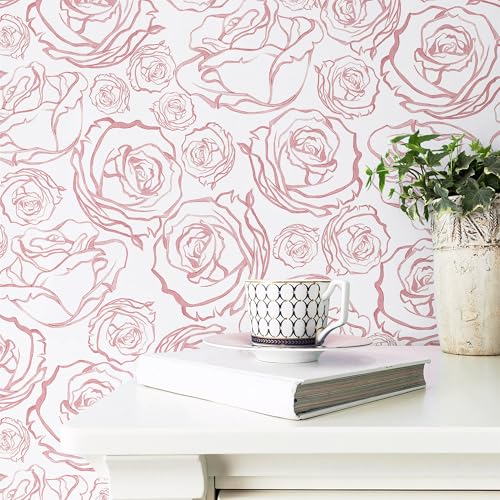 Safiyya 118'' ¡¿ 17.3'' Pink Floral Wallpaper Peel and Stick Pink and White Rose Contact Paper Removable Wall Paper Boho Wallpaper for Bedroom
