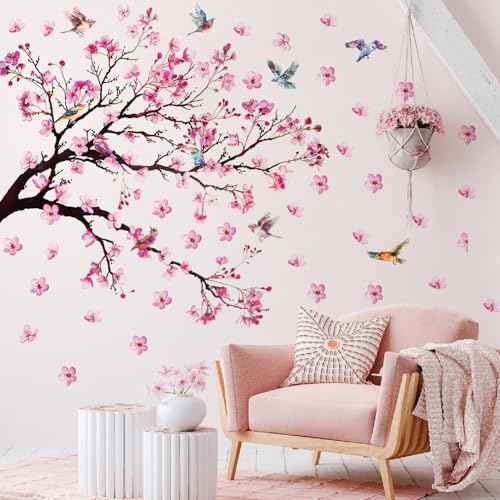 Large Pink Flowers Tree Branch Wall Decals Cherry Blossom Decor Vinyl Stickers,Tree Floral Birds Wall Art Murals,Flower Pattern Wall Stickers for Girls Bedroom Living Room Baby Nursery Tv Background