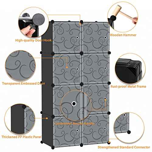 C&AHOME Cube Storage Organizer with Doors, 8-Cube Shelves, Closet Cabinet, DIY Plastic Modular Bookshelf, Storage Shelving Ideal for Bedroom, Living Room, 24.8" L ¡¿ 12.4" W ¡¿ 48.4" H Black UGSHS3008A