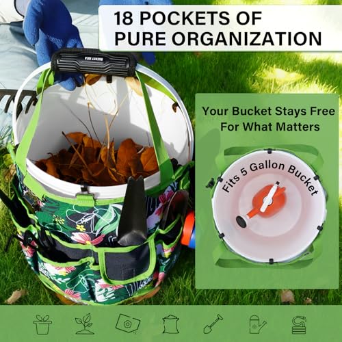 KUNN 5-Gallon Bucket Tool Organizer with 18 Pockets - Green Leaf Variation