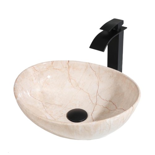 HM HomeMieco Oval Marbling Vessel Sink with Waterfall Faucet and Pop-up Drain Ceramic Bathroom Sink Above Counter Bowl Sinks for Bathrooms