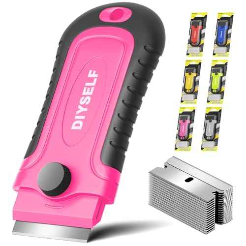 DIYSELF 1 Pack Razor Blade Scraper with 15 Extra Blades, Scraper Tool for Cleaning Window, Paint, Cooktop, Oven, Glass Stove Top Scraper, Razor Scraper with Buit-In Blade Storage (Pink)