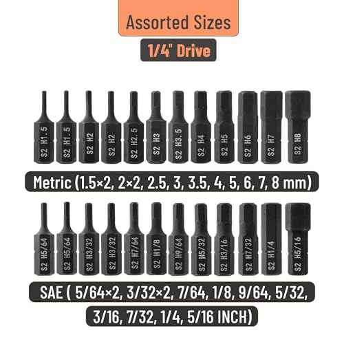 Bates Hex Head Allen Wrench Drill Bit Set, 25 Pcs, S2 Steel, Magnetic, 1/4 Hex Shank, Key Set