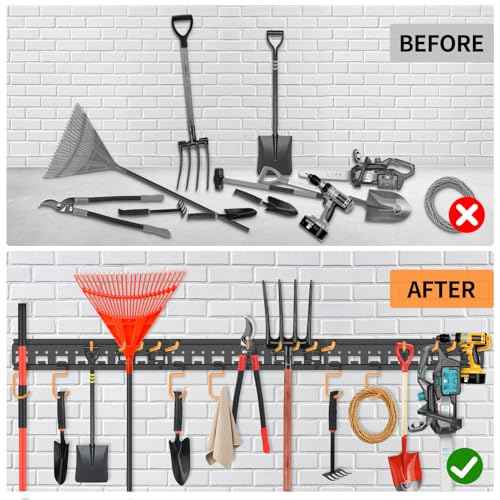 Garden Tool Organizer Wall Mount - Garage Storage and Organization Yard Tool Hanger with Adjustable Pegboard Hooks Shed Rack for Broom Mop Shovel Rake Trimmers, 48 inch Max 550lbs, Black