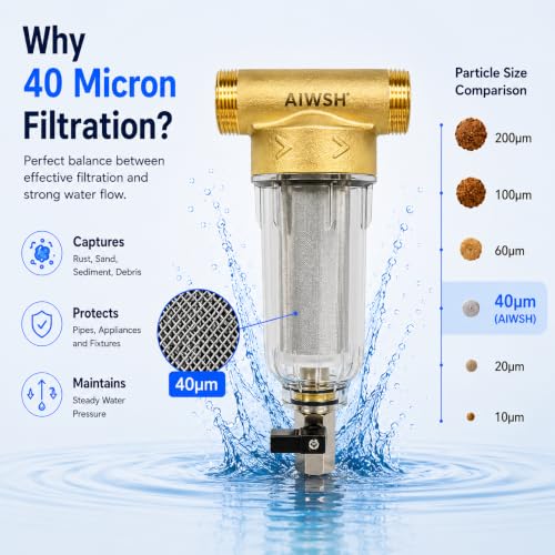40 Micron Spin Down Sediment Water Filter for Whole House, Reusable 25GPM, 1" MNPT
