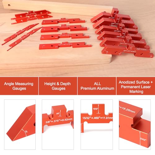 Gainneer 14 Pcs Router Table Setup Bars – Aluminum Height, Depth & Angle Gauges with 8 Angle Blocks