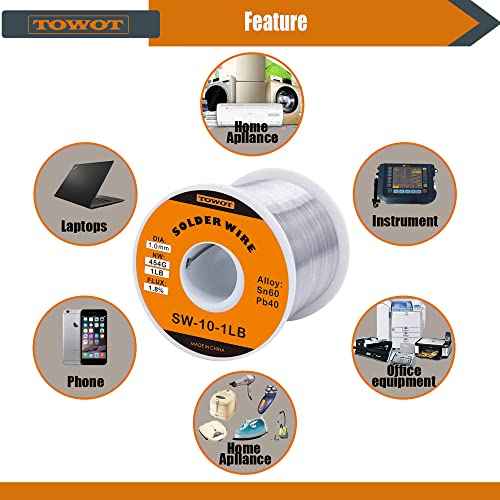 TOWOT Tin Lead Rosin Core Solder Wire for Electrical Soldering, Content 1.8% Solder Flux Sn60-Pb40 (1.0mm-1lb)