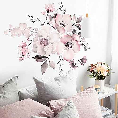 Pink Peony Rose Flower Wall Stickers, sacinora Watercolor Romantic Floral Art Wall Decals Removable Vinyl Peel and Stick for Girls Nursery Living Room Bedroom Children's Room Decorations
