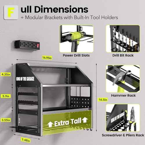 Power Tool Organizer Wall Mount with Charging Station ? King of the Garage, 4 Drill Holders, Heavy Duty Cordless Tool Rack with 4-Outlet Power Strip, Gifts for Him, Birthday Gifts for Men