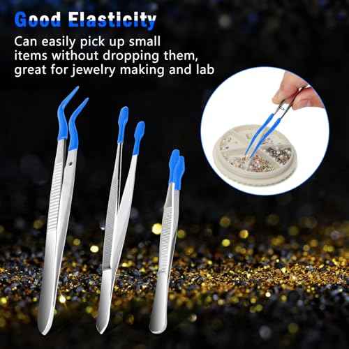 3PCS Tip Tweezers, Silicone Rubber Flat Tipped Tweezers Bent Tip for Jewelry Coin Stamp (Blue)