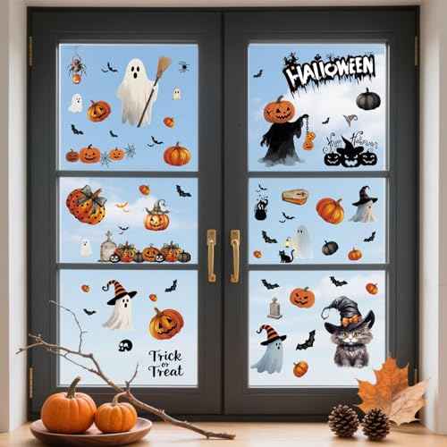 Halloween Wall Stickers and Window Clings 6 Sheets - Removable Peel and Stick Spooky, Bat, Pumpkin, Cat Decals for Home Office Classroom Halloween Decorations