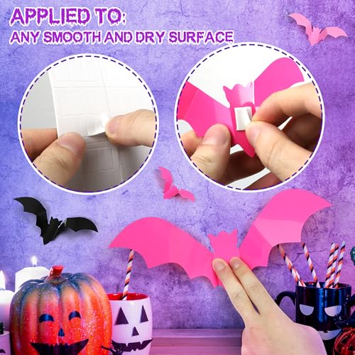 Pink & Black 72 Pcs 3D Bat Wall Decor Stickers Halloween Decorations