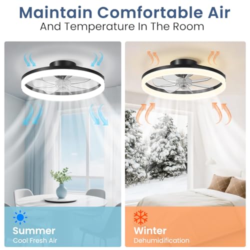 CHAREADA 20" Black Ceiling Fan with Light, Remote & App Control, Low Profile Foldable Design