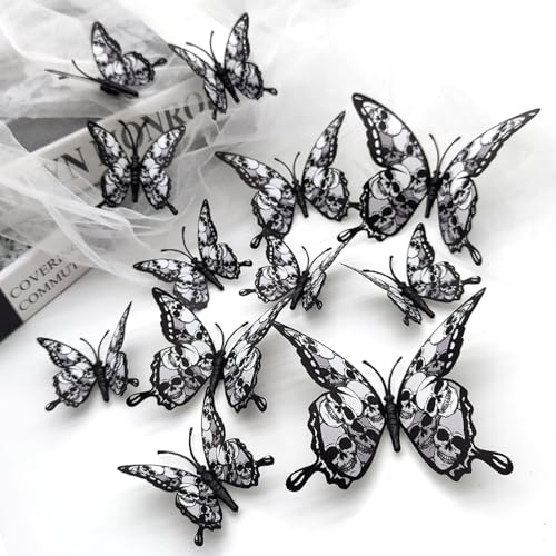 12Pcs Halloween Wall Decor 3D Self-Adhesive Skull Butterfly Wall Stickers Double Layer Black Skeleton Butterflies Designs Gothic Wall Decorations for Indoor Outdoor Halloween Party Atmosphere Supplies