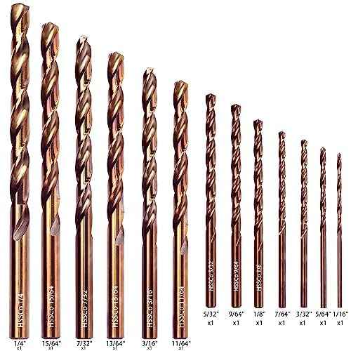 KENDO 13PCS Cobalt Drill Bit Set(1/16"-1/4"), M35 High Speed Steel, 135 Degree Tip, Twist Jobber Length Drill Bits Set for Hard Metal, Stainless Steel, Cast Iron and Wood with Metal Storage Case