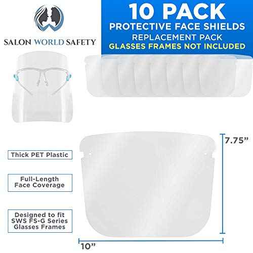 TCP Global Salon World Safety Replacement Face Shields Only (Pack of 10), Glasses Frames Not Included ? Fits Most Brands, Ultra Clear, Full Face, Protect Eyes Nose Mouth, Anti-Fog PET Plastic, Goggles