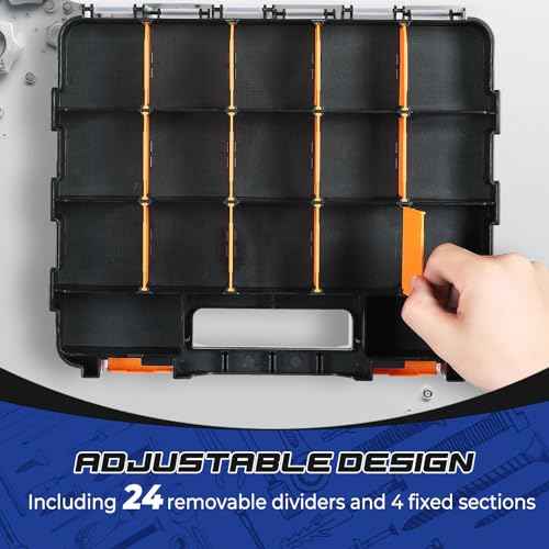 NATGAI 2 Pack Small Parts Organizers, 34-Compartments Double-Sided Tool Box with Removable Dividers for Hardware, Screws, Bolts, Nails & Fishing Accessories, Durable Plastic Storage Case (Orange)