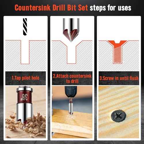 5Pcs Countersink Drill Bit Set, Premium Drill Bit with 82-Degree, 5 Flutes, Quick-Change Hex Shank, 1/4 Inch to 3/4 Inch Size, Counter Sink Bits for Wood, Metal, Plastic