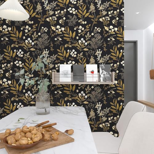 Laatse Vintage Floral Peel and Stick Wallpaper Black & Gold 17.5"x393" - Removable Wall Covering