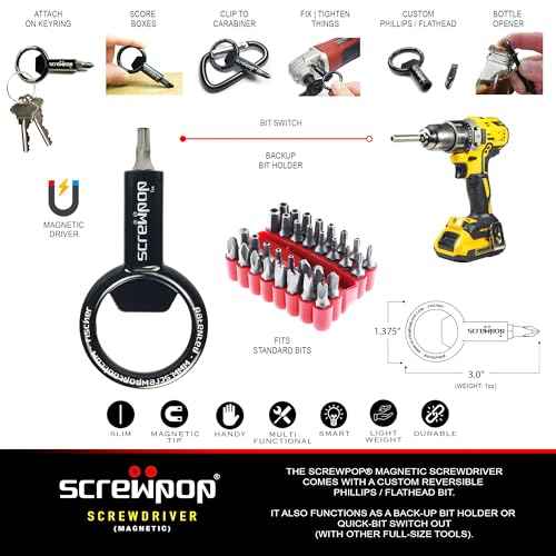 Screwdriver Universal Magnetic Bit Holder for Keychain | Carabiner Multi-Tool Bottle Opener (Includes Removable Double-Sided Phillips and Flathead Bit)
