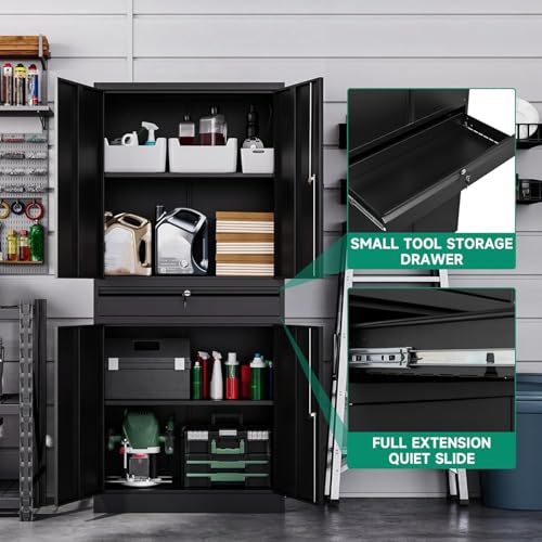 Letaya Metal Garage Storage Cabinet with Locking Drawers, 2 Adjustable Shelves, 16 x 32 x 71 in, Black