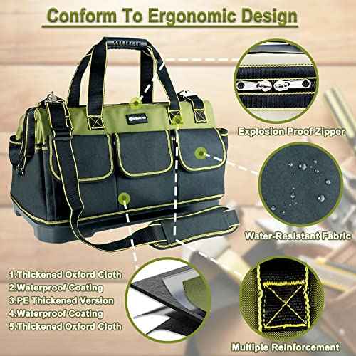 17in Tool Bag For Men Heavy Duty? with Waterproof Molded Base, High Capacity Wide Mouth Tote, Construction Worker Electricians Tool Bags, Large Tool Bag Organizer for Men Women Tool Tote