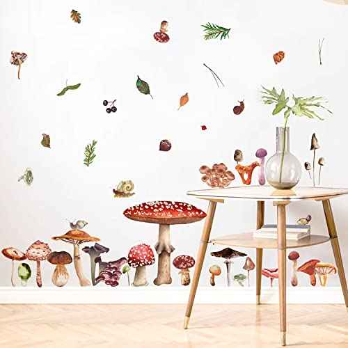 Glenmal 72 Pcs Watercolor Mushroom Wall Decals Giant Mushroom Decal Walls Peel and Stick Removable Decor Wallpaper Vinyl Sticker for Bedroom Furniture(Retro Style)